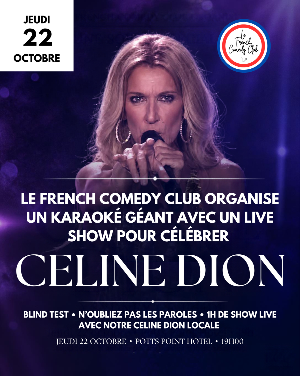CÉLINE DION NIGHT — SHOW LIVE & KARAOKÉ GÉANT - Jeudi 22 octobre 2026  à 19h00 - Potts Point Hotel L1 Sydney